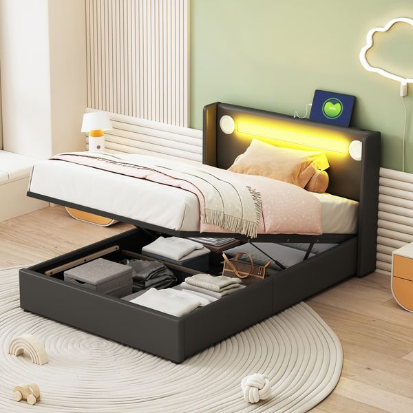 Polsterbett Kinderbett 90x200 Bett mit LED-Lichtleiste, Bluetooth-Player und USB-Aufladung, PU-Leder-Aufbewahrungsbett, Hochbettkasten, Jugendbett mit Lattenrost