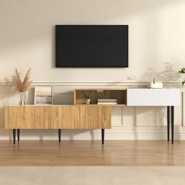 Ball & Cast TV Schrank (220×30×64cm) Modulares 2-teiliges Design, Moderner Fernseher Tisch mit Metallbeine, Bequeme Montage, Holzfarbe+Weiß