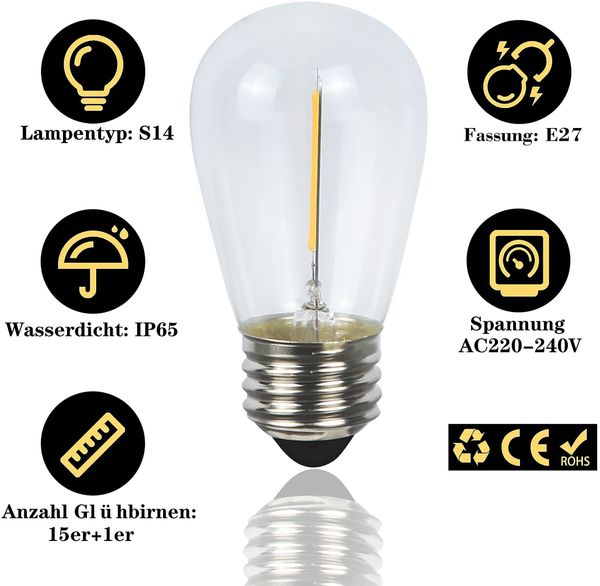 ZMH LED Lichterkette Innen Außen Glühbirnen Lichterkette 7,6m/15m 16-flammig, Weihnachtsdekoration Bild 4
