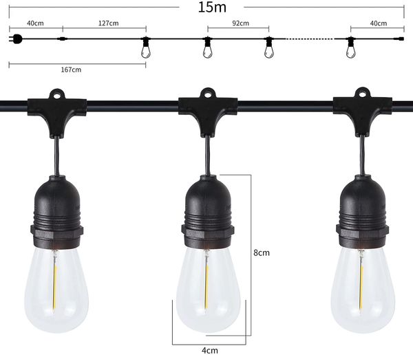ZMH LED Lichterkette Innen Außen Glühbirnen Lichterkette 7,6m/15m 16-flammig, Weihnachtsdekoration Bild 2