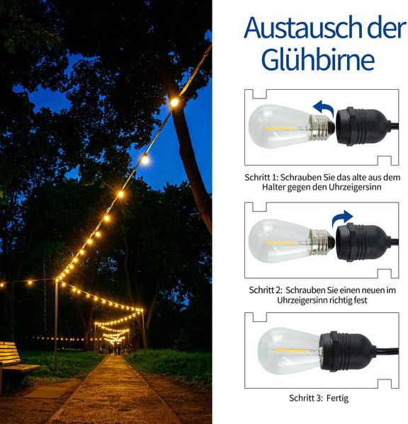 ZMH LED Lichterkette Innen Außen Glühbirnen Lichterkette 7,6m/15m 16-flammig, Weihnachtsdekoration Bild 7