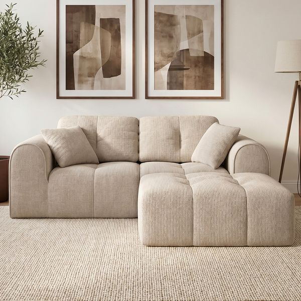 skølm 'Vanaheim' Sofa 3-tlg, 2 Sitzer mit Hocker & 2 Kissen, Cloud Sofa beige, Vollschaumcouch mit Federkern und Vakuum-Kompression, kein Aufbau erforderlich