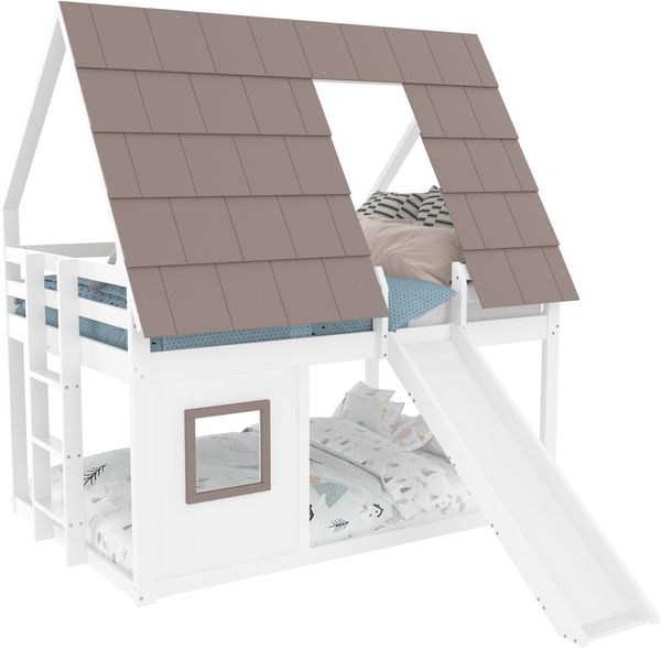 140x200 Holzhaus-Etagenbett mit Dach, Leiter und Rutsche, Weiß+Braun