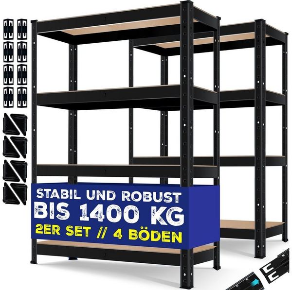 MASKO® 2er-Set Lagerregal Schwerlastregal, Kellerregal, verstellbare Ablagen, MDF-Platten Regal aus Metall, Steckregal, Werkstattregal, Keller, Garage 2x 160x80x40cm 4-Böden, 2x Schwarz 700kg Bild 2