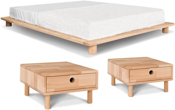 Marior HOME 'CONE', Bett 180x200 mit 2 Nachttischen, Unbehandelt
