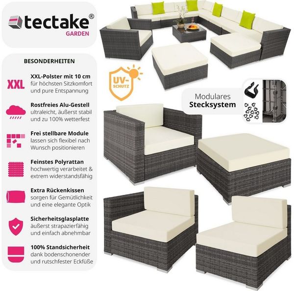 tectake Loungeset Rattan Sitzgruppe mit Aluminiumgestell für 9 bis 11 Personen, (Gartenlounge-set Las Vegas, 12-tlg, 12-tlg. in Grau), wetterfest und UV-beständig, Dicke der Polster 10 cm