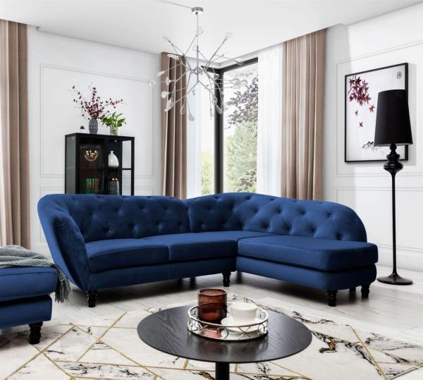 Ecksofa Designersofa CHARLOTTE in Stoff Matt Velvet Dunkelblau Ottomane Rechts