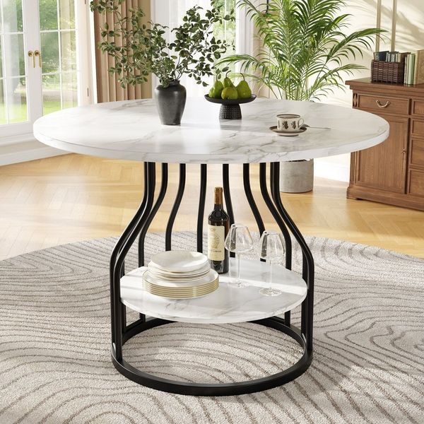 IDEASY Esstisch Runder Esstisch Küchentisch für 4 Personen, MDF-Marmor-Tischplatte (1 Tisch), Integrierte runde Ablagefläche in der Mitte, 80 x 80 x 76 cm