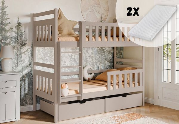 Kids Collective Hochbett 80x180, 90x200 cm mit 2 Schubladen Kinderbett mit Rausfallschutz Lattenrost, umbaubar in 2 Kinderbetten, Kaschmir, 200x90, mit Matratze