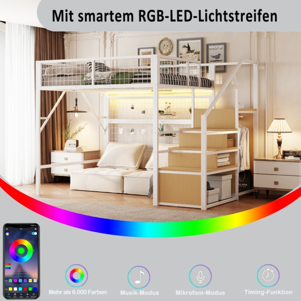 Eisenbett, Etagenbett, Hochbett, Geeignet für Kinder und Jugendliche, Vielseitiges Metall-Hochbett mit APP-gesteuerten LED-Lichtleisten, Treppe mit Stauraum, offenem Kleiderschrank, Weiß, 140 x 200cm Bild 4