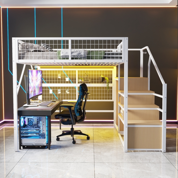 Eisenbett, Etagenbett, Hochbett, Geeignet für Kinder und Jugendliche, Vielseitiges Metall-Hochbett mit APP-gesteuerten LED-Lichtleisten, Treppe mit Stauraum, offenem Kleiderschrank, Weiß, 140 x 200cm Bild 6