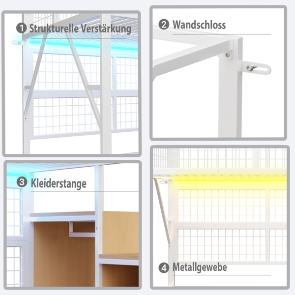 Eisenbett, Etagenbett, Hochbett, Geeignet für Kinder und Jugendliche, Vielseitiges Metall-Hochbett mit APP-gesteuerten LED-Lichtleisten, Treppe mit Stauraum, offenem Kleiderschrank, Weiß, 140 x 200cm Bild 5