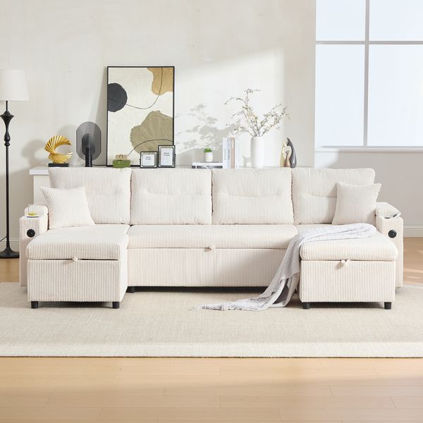 4-Sitzer Wohnlandschaft B 272 x T 136 x H 86 cm aus Cord in Beige mit Schlaffunktion