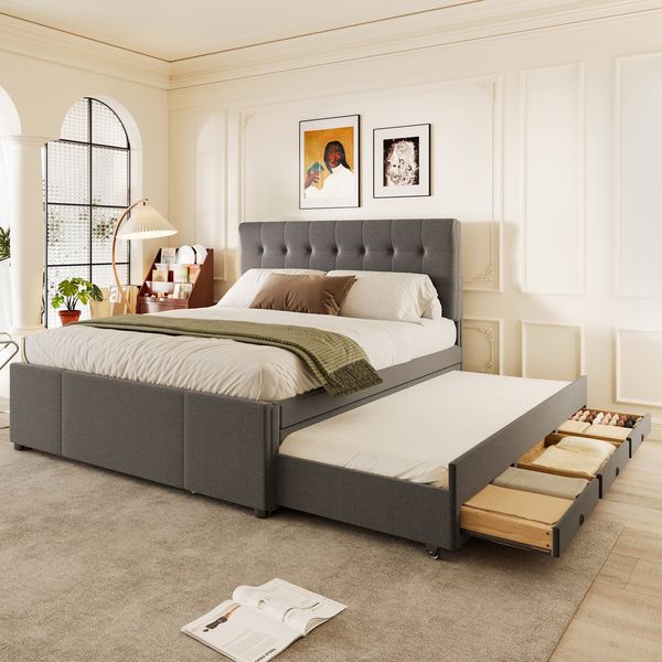 Polsterbett, 140x200 cm, Doppelbett, Familienbett, Ehebett mit drei Schubladen, ausziehbares Bett, Verstellbares Kopfteil, Ohne Matratze, Grau