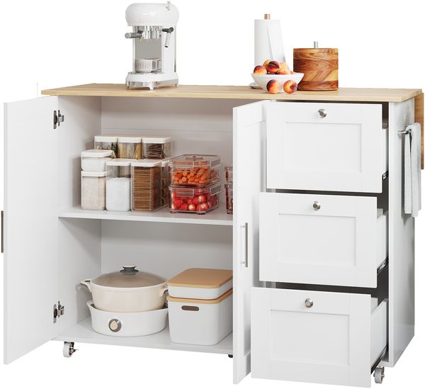 L135*B44(70)*H90cm Großer mobiler Küchentisch, Arbeitsplatte aus Eichenholz, klappbares Design, multifunktionaler Schrank, 3 Schubladen, Handtuchhalter, geeignet für Küche, Esszimmer, Haus Bild 3