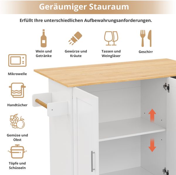 L135*B44(70)*H90cm Großer mobiler Küchentisch, Arbeitsplatte aus Eichenholz, klappbares Design, multifunktionaler Schrank, 3 Schubladen, Handtuchhalter, geeignet für Küche, Esszimmer, Haus Bild 10