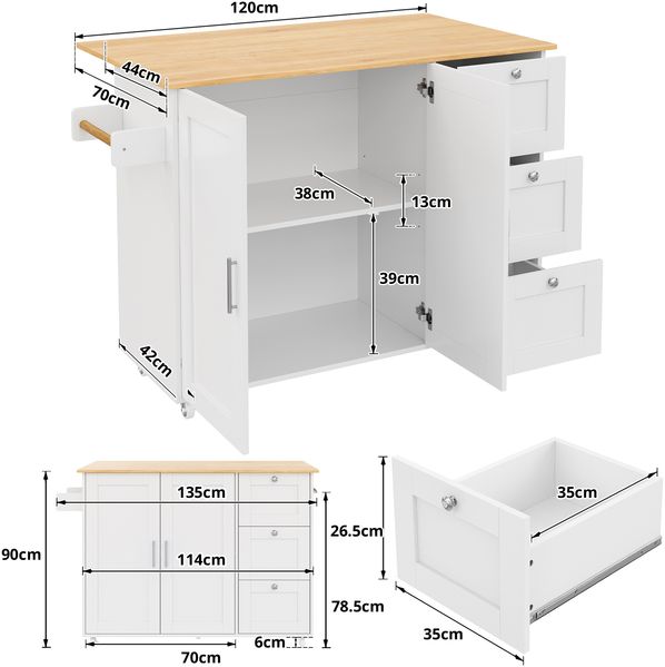 L135*B44(70)*H90cm Großer mobiler Küchentisch, Arbeitsplatte aus Eichenholz, klappbares Design, multifunktionaler Schrank, 3 Schubladen, Handtuchhalter, geeignet für Küche, Esszimmer, Haus Bild 6