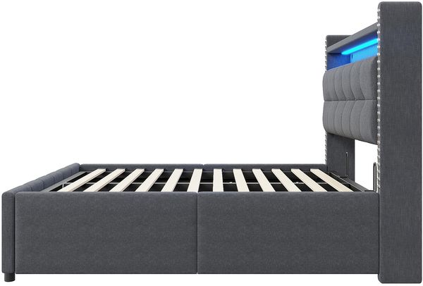 Polsterbett 160x200 cm Grau Leinen mit LED Beleuchtung USB Anschluss und Hydraulik Stauraum Kopfteil Doppelbett mit Lattenrost Bild 8