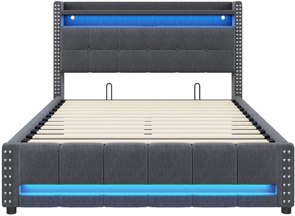 Polsterbett 160x200 cm Grau Leinen mit LED Beleuchtung USB Anschluss und Hydraulik Stauraum Kopfteil Doppelbett mit Lattenrost Bild 9