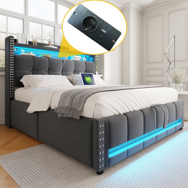 Polsterbett 160x200 cm Grau Leinen mit LED Beleuchtung USB Anschluss und Hydraulik Stauraum Kopfteil Doppelbett mit Lattenrost