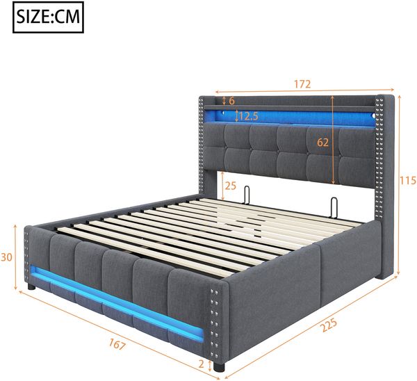Polsterbett 160x200 cm Grau Leinen mit LED Beleuchtung USB Anschluss und Hydraulik Stauraum Kopfteil Doppelbett mit Lattenrost Bild 10