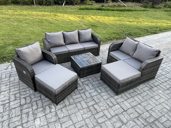Fimous 8-Sitzer Hoher Rücken Polyrattan Gartenmöbel Set mit Quadratischer Couchtisch 2 hohen Hockern Garten Lounge Set Dunkelgrau Gemischt