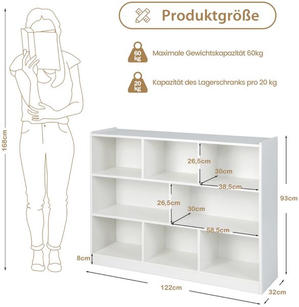 Bücherregal mit 8 Fächern 3-stufiges Standregal für Wohnzimmer 122 x 32 x 93 cm Weiß