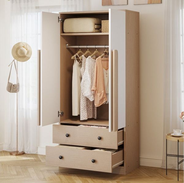 Flieks Kleiderschrank Doppeltür-Design Kleiderschrank 70x40x170cm mit 2 Schubladen