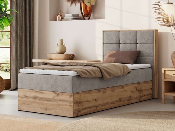 Boxspringbett ALBERO 1 90x200 mit Stauraum, 7-Zonen Multipocket Matratze H4, Bettkasten mit Federautomat, Öffnungsseite wählbar, Hotelbett - Beige Strukture - Topper T25 - Rechts