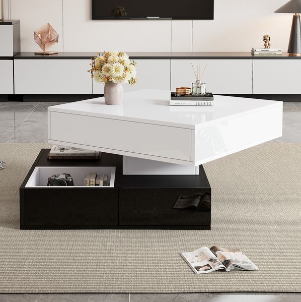 Couchtisch mit 360° Drehplatte & 3 Schubladen in Weiß/Schwarz - 70x70x40 cm