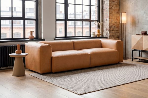 KAWOLA Sofa CELESTE 4-Sitzer Leder cognac 72 x 114 x 302 cm