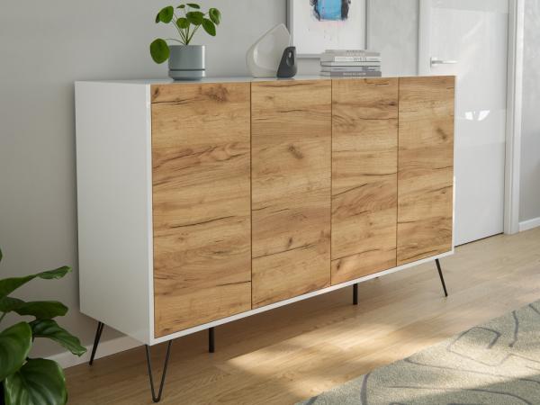 Design Sideboard Kommode Rana 155cm 4 Softclose Türen Weiß/Eiche Front : Oak Gold / Weiss hochglanz