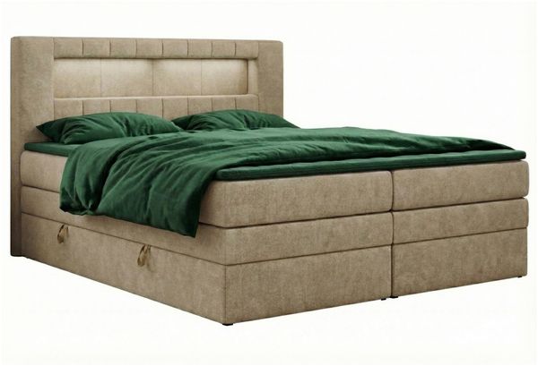 MEBLINI King Boxspringbett GOLDIE 160x200 cm mit Bettkasten und LED – H4/Beige Samt Polsterbett - Gepolstert Doppelbett mit Matratze und Topper - Polsterbett mit Stauraum - Bett mit Kopfteil – Stauraumbett