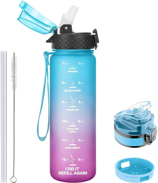 Kinder Trinkflasche 500ml mit Zeitmarkierungen Strohhalm BPA-frei - Blau Lila