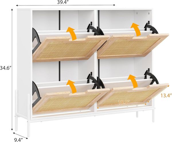 GarveeMore Schuhschrank Rattan mit 4 Klappen,Schmal Schuhkipper,100x23.5x100cm Schuhkommode 4 Flip Tür mit 8 Ablageflächen für Eingang,Flur