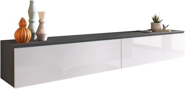 TV-Lowboard Stone 180, ohne Beleuchtung, Farbe: Matera / Weiß Hochglanz