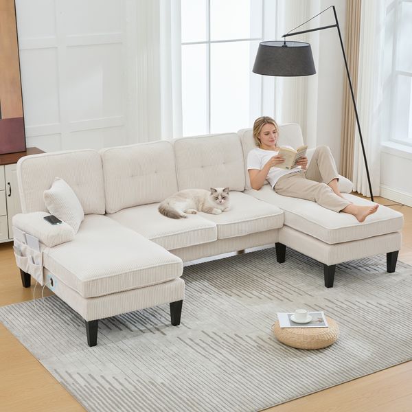 Modernes 4-Sitzer U-Sofa mit Doppel-Chaise-Longue,aus weichem Cordstoff mit komfortabler Polsterung moderner Rückenlehne und robuster Konstruktion Perfekt für jedes Wohnzimmerkonzept,Cordstoff,Beige,