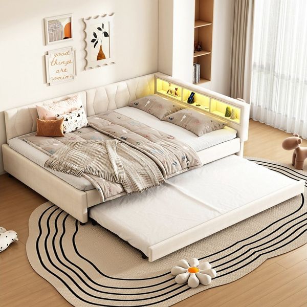 Merax Daybett (Kinderbett Polsterbett mit Stauraum, 1 tlg), LED Schlafsofa Tagesbett 140x200cm mit Ausziehbett 90x190cm, Leinen
