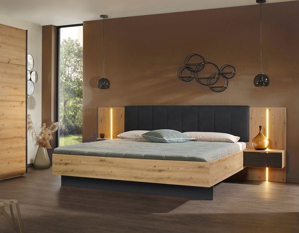 rauch Bettanlage Bett Doppelbett Komfortbett Funktionsbett APOLLON, (3-tlg, Liegefläche 180x200, optional mit Bettbank und Stauraum), Polster-Kopfteil in Lederoptik black, mit Beleuchtung MADE IN GERMANY