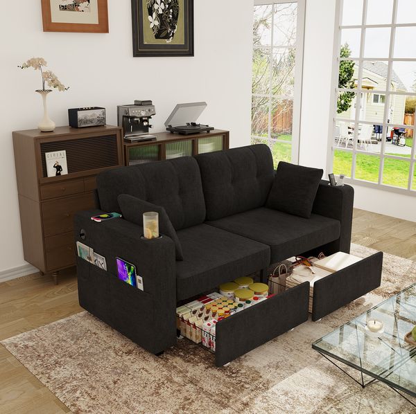 2-Sitzer-Sofa aus Chenille mit USB-Anschluss, Getränkehaltern und Stauraumschubladen, 172 x 75 x 82 cm, Schwarz