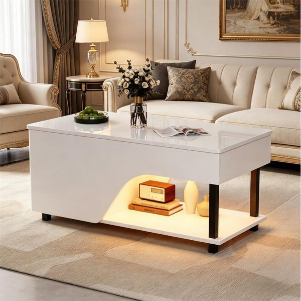 Celya Couchtisch Beistelltisch, Teetisch Höhenverstellbarer (LED-Sofatisch mit seitlicher Ablage und verstecktem Stauraum), Geeignet für Wohnzimmer usw