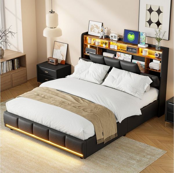 ADWOLT Stauraumbett Hydraulisches Polsterbett Doppelbett mit LED und USB, Jugendbett 160x200 cm,mit Lattenrost,PU,Schwarz