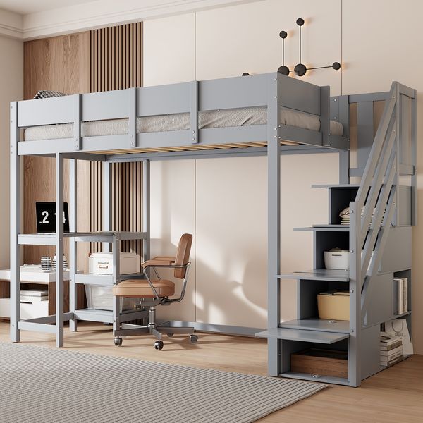 Hochbett 90×200 cm mit Rausfallschutz und Stauraumtreppe, Grau, ohne Matratze