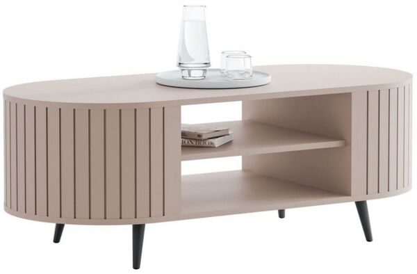 yourhouse24 Couchtisch LINNEA Oval 104cm mit Ablage Lamellen Kaschmir/Schwarz (1x Couchtisch), Ovale Form im Lamellen-Design