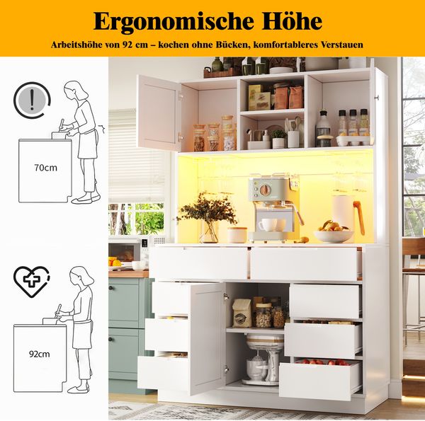Küchen-Hochschrank B 120 x T 40 x H 183,5 cm, aus MDF, mit LED-Beleuchtung, 8 Schubladen und verstellbaren Einlegeböden Bild 9