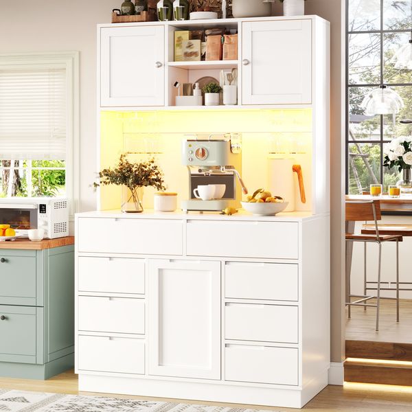 Küchen-Hochschrank B 120 x T 40 x H 183,5 cm, aus MDF, mit LED-Beleuchtung, 8 Schubladen und verstellbaren Einlegeböden