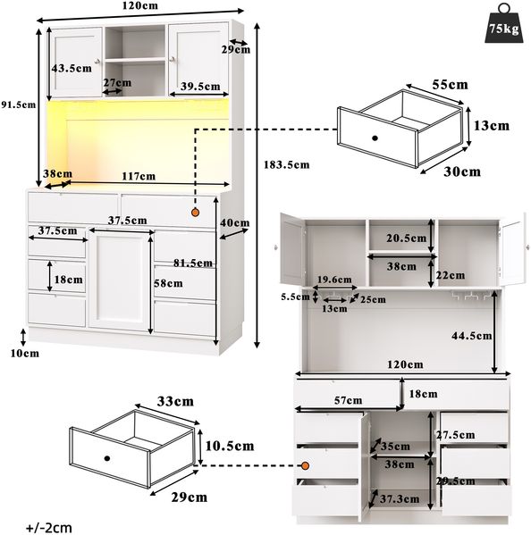 Küchen-Hochschrank B 120 x T 40 x H 183,5 cm, aus MDF, mit LED-Beleuchtung, 8 Schubladen und verstellbaren Einlegeböden Bild 5