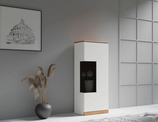 OTTO home Vitrine RIBE75, 1Glasboden variabel, dunkles gehärtetes Glas, Trendfarbe Oberplatte Eiche massiv,dunkles Glas, schwarze Metall Griffe