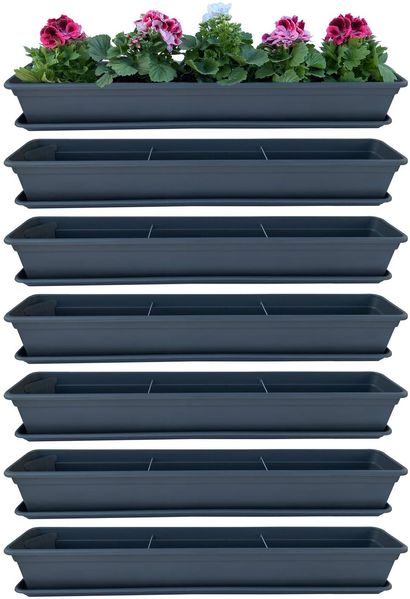 6er Blumenkasten Set Balkonkasten Pflanzkasten Anthrazit mit Bewässerungssystem und Balkonkasten Untersetzer 80cm