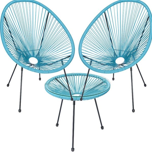 Shally Dogan Freddy Gartenmöbel-Set aus Polyrattan, 2 Plätze mit Tisch, 2 Eiersesseln, 1 Gartentisch, Wohnzimmer, Terrasse, Restaurant, Bistro, Bar (Hellblau)